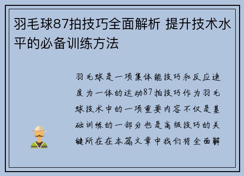 羽毛球87拍技巧全面解析 提升技术水平的必备训练方法