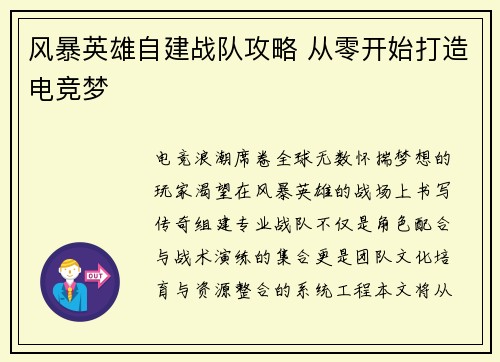 风暴英雄自建战队攻略 从零开始打造电竞梦