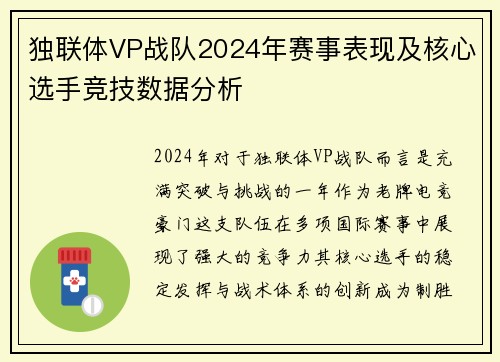 独联体VP战队2024年赛事表现及核心选手竞技数据分析